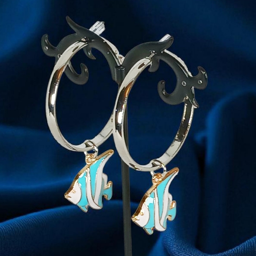 Silver Hoop Earrings with Angelfish Charms Seaside Sardine Summer Oceancore 70s